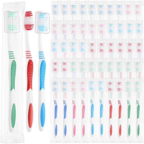 Tioncy 500 Pack Bulk Toothbrushes Individually Wrapped Pack with Covers Colorful Tooth Brushes Medium Disposable Soft Bristles Adult Manual Toothbrush for Travel Hotel Packages Relief Donations