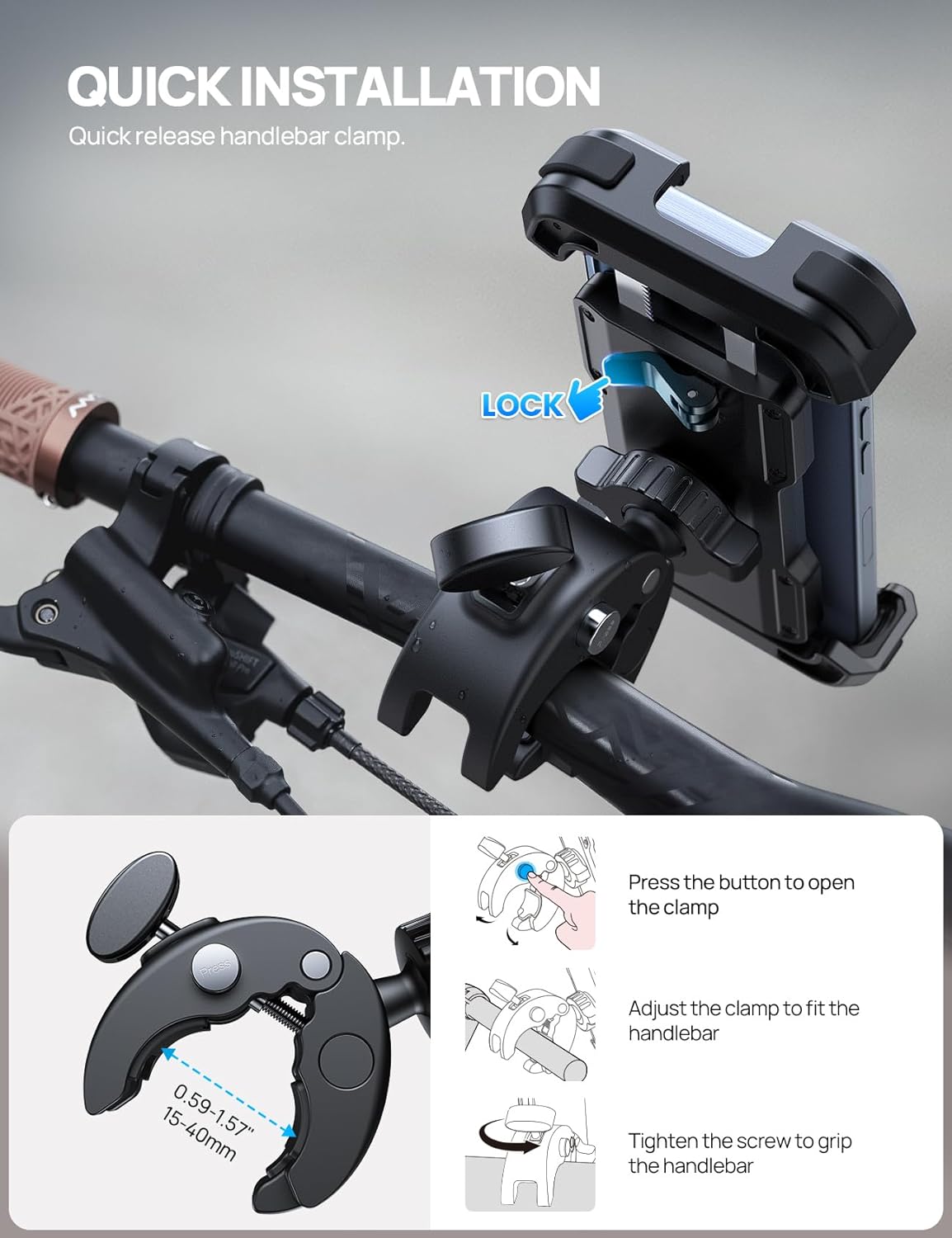 Bike Motorcycle Phone Holder Mount - [2025 Quick Release] Bike Phone Holder Handlebar Clamp, Bicycle Scooter Phone Clip for iPhone 16 15 14 13 12 11 Pro Max Plus Mini, 4.7-6.8" Smartphone"