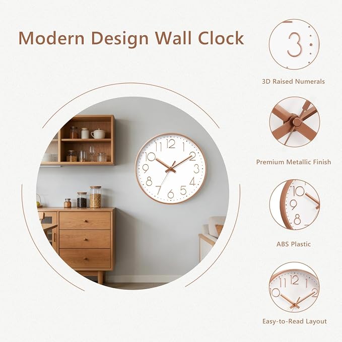 DAXSMY Wall Clock - 10 Inch Silent Non-Ticking Modern 3D Wall Clocks Battery Operated - Decorative Clock for Kitchen, Home Office, Bathroom, Bedroom(Rose Gold)