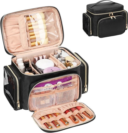 Bagmoly Large Makeup Bag, Portable Travel Makeup Bag Organizer for Women Girls with Makeup Brush Compartment & Two Side Pockets, Cosmetic Travel Bag Vertical Storage Toiletry Bag - Black