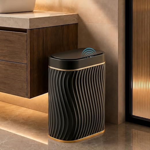 steo spce Automatic Motion Sensor Bathroom Small Trash Can with Lid, 2.6 Gallon Black Touchless Slim Garbage Can, Smart Waterproof Trash Bin for Bedroom, Restroom, Living Room, Office