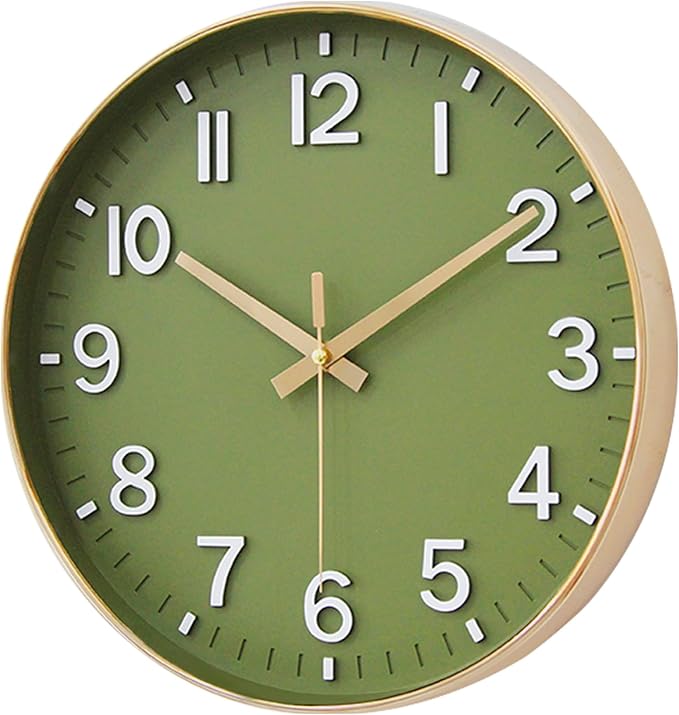 HZDHCLH Wall Clocks Battery Operated,Wall Clock Green Gold,14 inch Wall Clock Silent Non Ticking Modern 3D Numbers for Kitchen Bedroom Living Room Office Classroom Decor