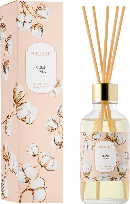 Airkeep Reed Diffuser Oil Set with Reed Sticks, Clean Linen Aromatherapy Oil Scent Diffuser for Home Office Bathroom Decoration Perfume and Gifts 3.38 oz/100ml