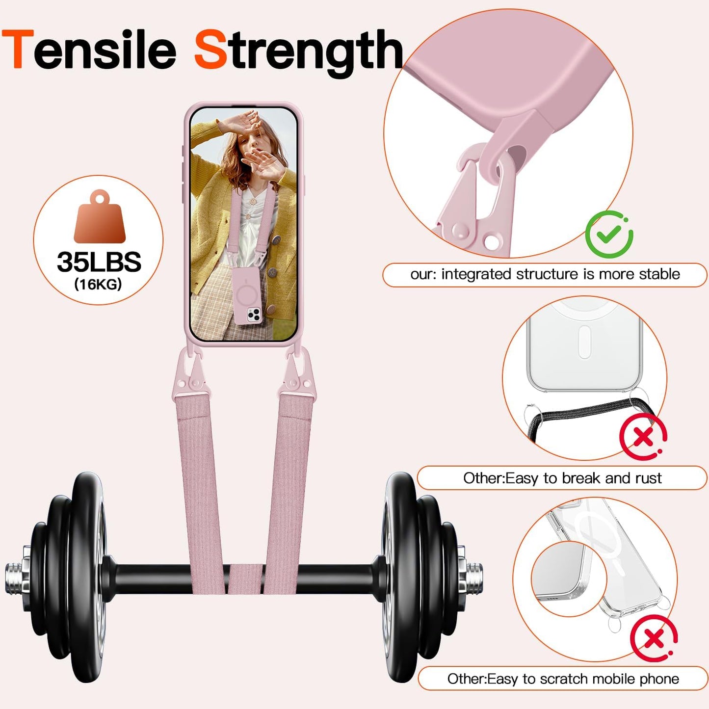 for iPhone 15 Pro Case with Lanyard [Compatible with MagSafe], Crossbody Phone Case with Neck Strap Adjustable, Magnetic Phone Cover for iPhone 15 Pro 6.1'' Pink