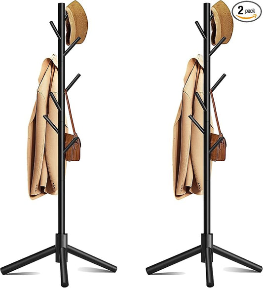 Coat Rack, Coat Racks Freestanding with 8 Hooks 3 Adjustable Heights for Clothes, Hats, Handbags, Coat Tree Easy Assembly for Entryway, Bedroom, Hallway, Office(Black 2PCS)