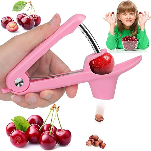 Cherry Pitter Tool, Cherry and Olive Pitter, Easy to Use and Clean, Stainless Steel and ABS, Pink Handle