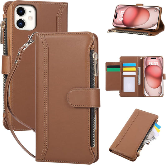 Compatible with iPhone 11 Wallet Phone Case-PU Leather Magnetic Flip Cover with Credit Card Slots,Zipper Pocket & Detachable Wrist Strap,Shockproof Design,for Women and Men-Brown