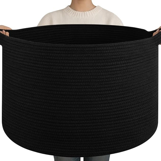 OIAHOMY 90L XXXLarge Blanket Basket for Living Room, 21.7" x 13.8" Woven Cotton Rope Laundry Basket for Organizing Pillows, Decorative Stuffed Animal Toy Storage for Nursery, Black
