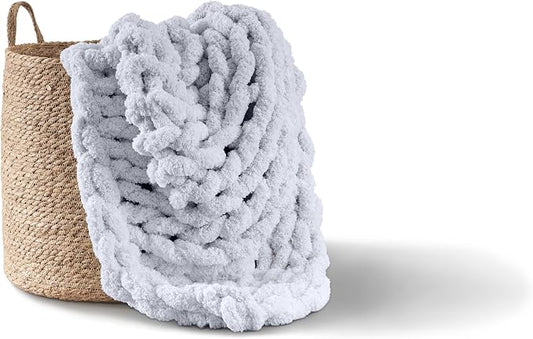 Adyrescia Chunky Knit Blanket Throw | 100% Hand Knit with Jumbo Chenille Yarn (50"x60", Light Gray)