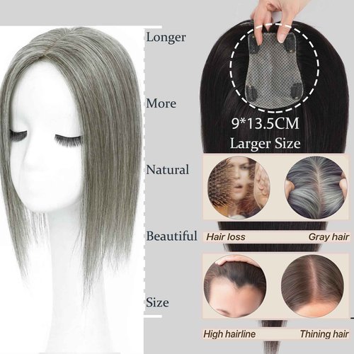 RMYHIG Hair Toppers for Women Real Human Hair, 360° 3D Human with Thinning Upgrade Middle Part Clip in Bangs Topper Hair Pieces for Women Daily (Gray, 14 Inch-3D-Side)