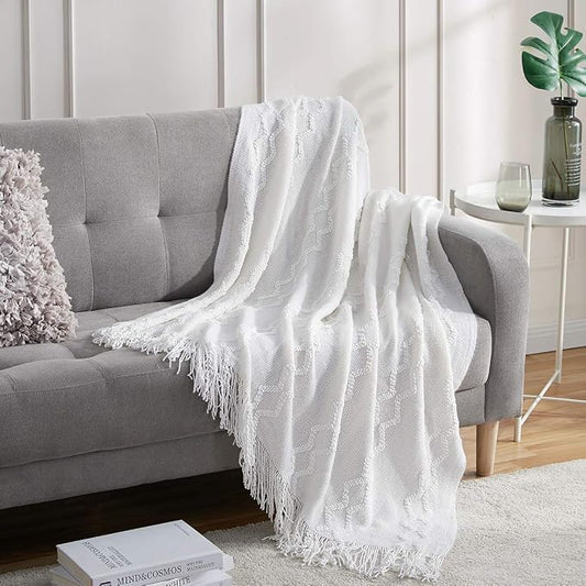 BOURINA Fluffy Chenille Knitted Fringe Throw Blanket Lightweight Soft Cozy for Bed Sofa Chair Throw Blankets, Off White 60"x80"