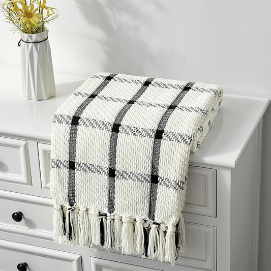 CREVENT 60"X80" Farmhouse Breathable Soft and Warm Chenille Plaid Throw Blanket for Sofa Couch Bed, Home Decoration Throw with Tassles (Black & White)