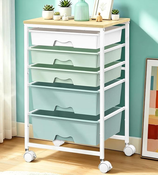 SUNALLY Rolling Carts With 5 Drawers, Storage Drawer Carts with Wooden Tabletop and 2 Lockable Wheels, Rolling Utility Cart for Craft Art Supply Storage & Home Office Organization, Green