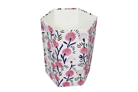 3.3 Gallon Cotton Hand Block Printed Paper Waste Basket |Small Decorative Trash Can for Housewarming Gifts in Living Room, Bedroom, Bathroom | Eco-Friendly, Plastic-Free (1, White Pink FLOWAR)