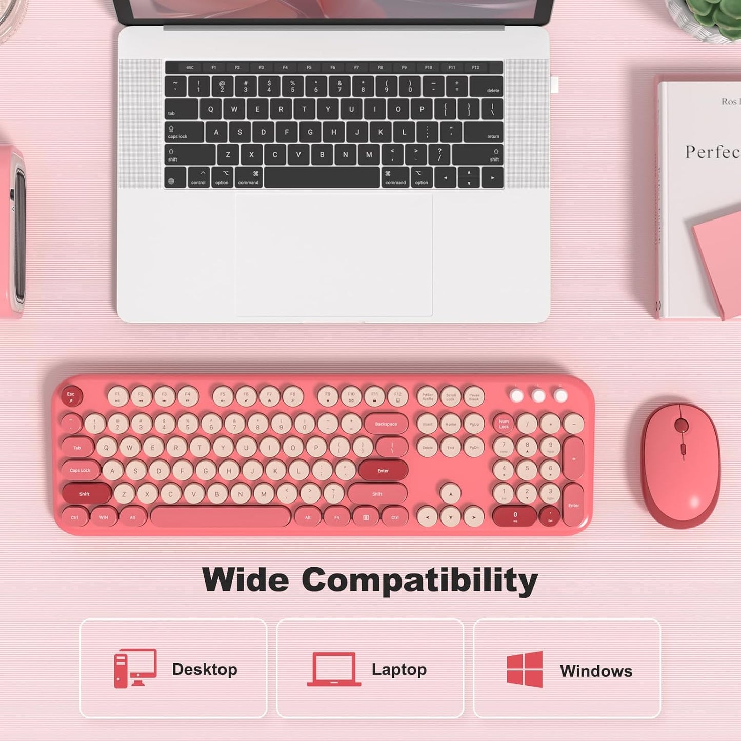 KNOWSQT Wireless Keyboard and Mouse Combo - Lovely Red Rainbow Full-Sized Typewriter Colorful Keyboards, Round Keycap USB Plug Play Retro Cute Keyboards for Windows, Laptop, PC, Desktop, Computer