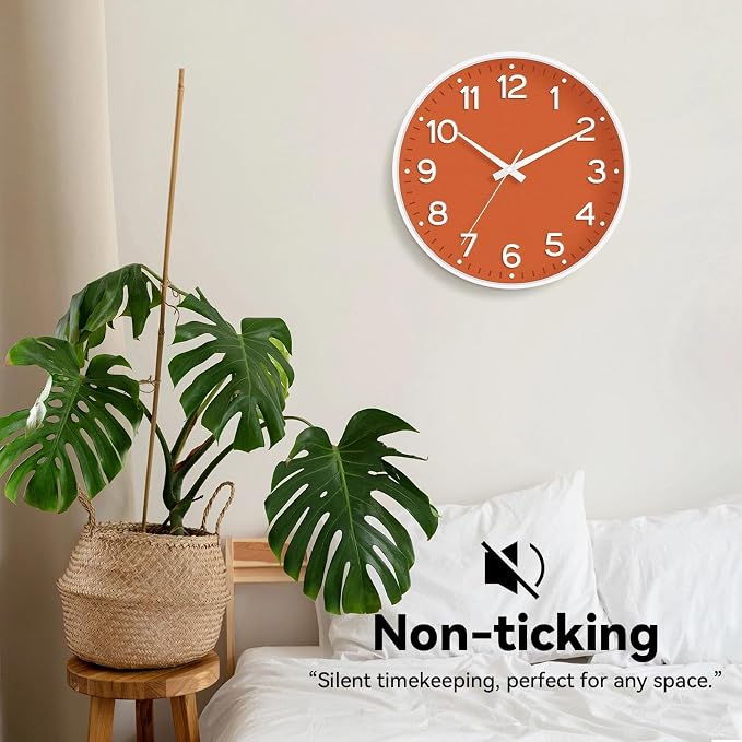 Roymnie Wall Clock 10 Inch Silent Wall Clocks Battery Operated-Modern Non Ticking Analog Clock Decorative for Kitchen Bedroom Office Bathroom(Orange)
