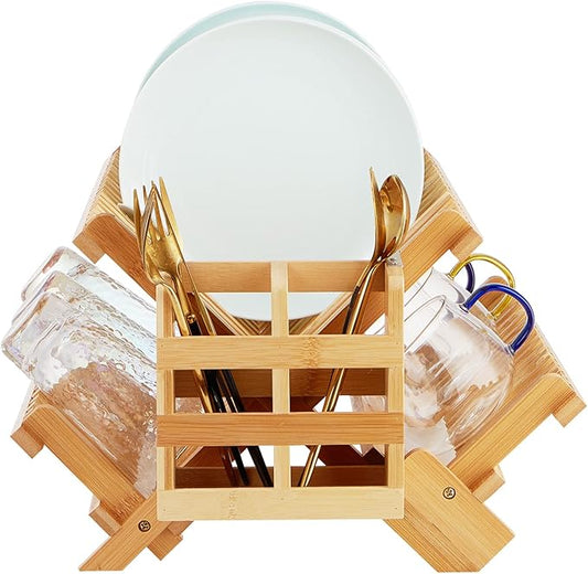 Bamboo Dish Drying Rack, 3-Tier Collapsible Wooden Dish Rack with Utensil Holder, Bamboo Dish Drainer Rack for Kitchen Counter 25pcs