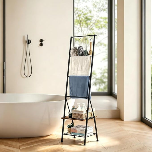 BTY Blanket Ladder Black Towel Ladder with Shelf Metal Blanket Ladder Holder for Bathroom Standing Ladder Towel Rack with Hooks Stocking Holders for Living Room Bedroom Laundry Room