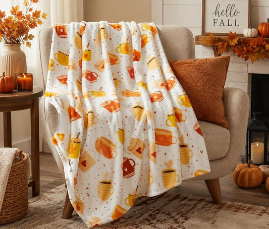Serafina Home Fall Fleece Throw Blanket: Velvety Soft Pumpkin Spice Cozy Wrap Accent for Sofa Couch Chair Bed Dorm, 50" x 70"