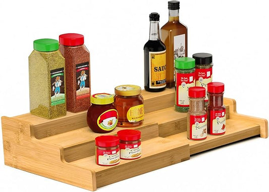 VenDotbi Spice Rack, 3-Tier Expandable Bamboo Spice Rack Organizer for Cabinet - Kitchen, Pantry and Cupboard Storage Organizer