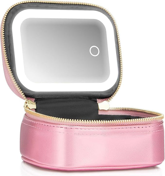 Mini Makeup Bag with Led Mirror,Small Travel Make up Bag 3 Light Modes Adjustable Brightness, for Women Organizer Cosmetic Bag, Portable Travel Train Toiletry Bag, for Pool Parties Work Touch-Ups