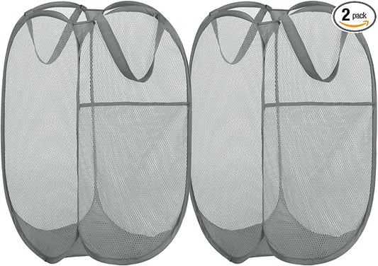 BATTOO Deluxe Strong Mesh Pop up Laundry Hamper Basket with Side Pocket for Laundry Room, Bathroom, Kids Room, College Dorm or Travel 2 Pack White