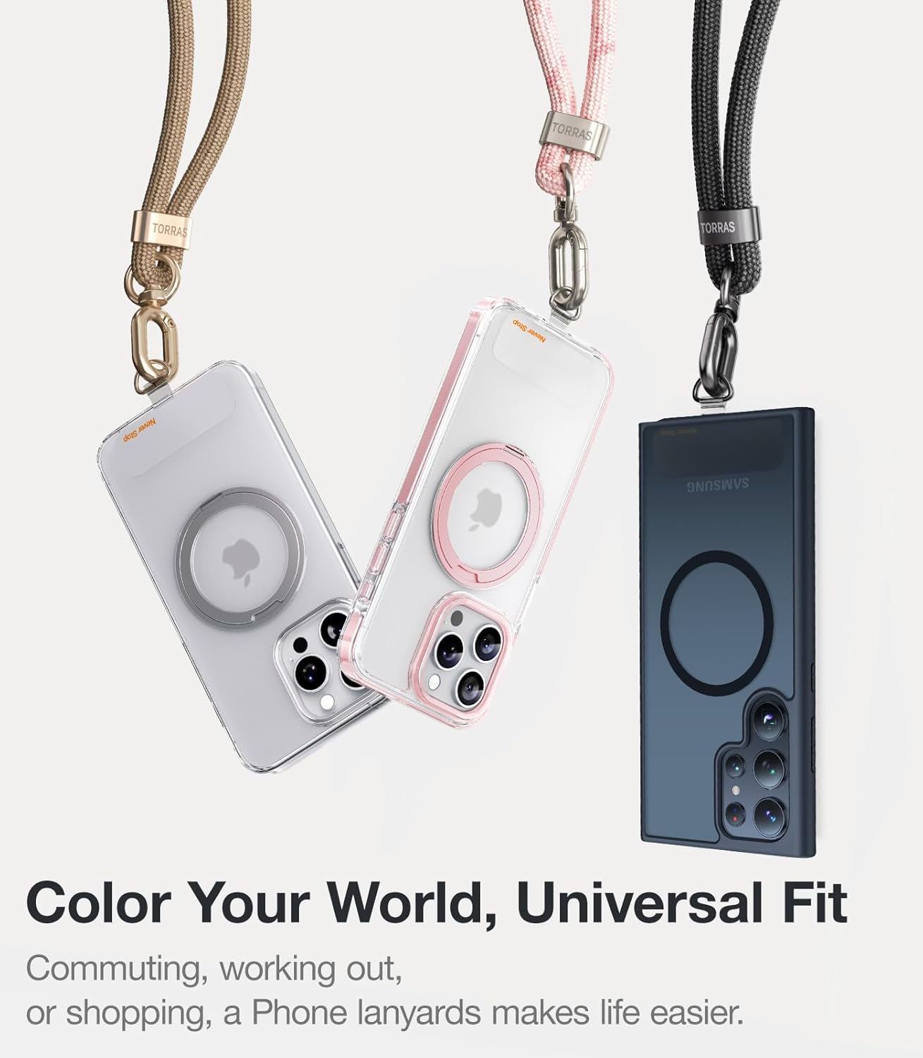 TORRAS Phone Lanyard Crossbody with 2 Phone Tabs, Adjustable Anti Theft Phone Strap for All Phones, Premium Metal Buckles, Skin-Friendly, Universal Cell Phone Neck lanyard for Women and Men, Pink