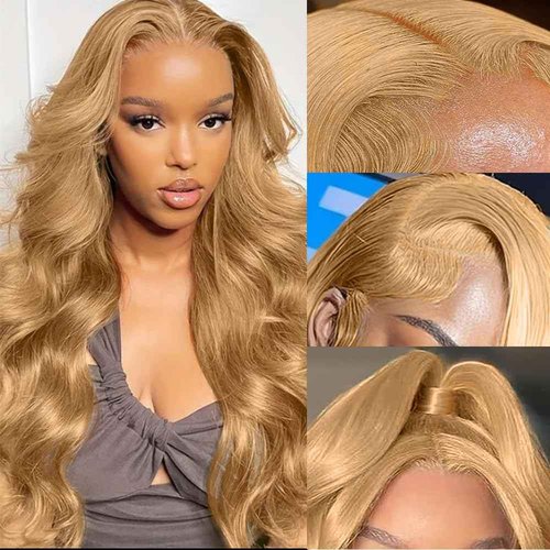 KTOOYKE Honey Blonde Wig Human Hair 22 Inch 13x6 Hd Lace Front Wigs Human Hair Pre Plucked 200% Density 27# Body Wave Lace Frontal Wigs Honey Blonde Wigs For Women