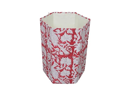 Generic 3.3 Gallon Cotton Hand Block Printed Paper Waste Basket |Small Decorative Trash Can for Housewarming Gifts in Living Room, Bedroom, Bathroom | Eco-Friendly, Plastic-Free (1, RED White MOR)
