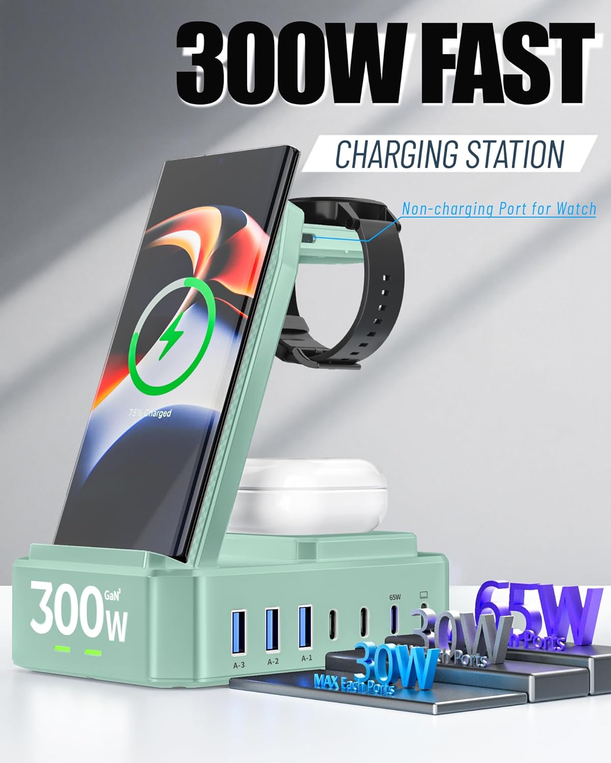 300W Wireless Charger for Samsung,Zutspzss 10 in 1 Wireless Charging Station, 65W USB C Fast Charging Stand for Samsung S25 Ultra/S24/S23/S22/Z Fold,Galaxy Watch Ultra7/6/5,Galaxy Buds,Green