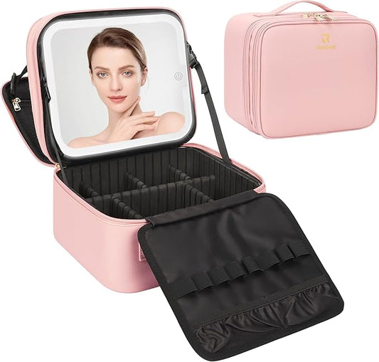 Relavel Makeup Bag with LED Mirror, Small Travel Makeup Case with Rechargeable Lighted Mirror 3 Color Lights, Double Layer Cosmetic Box Makeup Brush Lipstick Holder Organizer for Women, Pink
