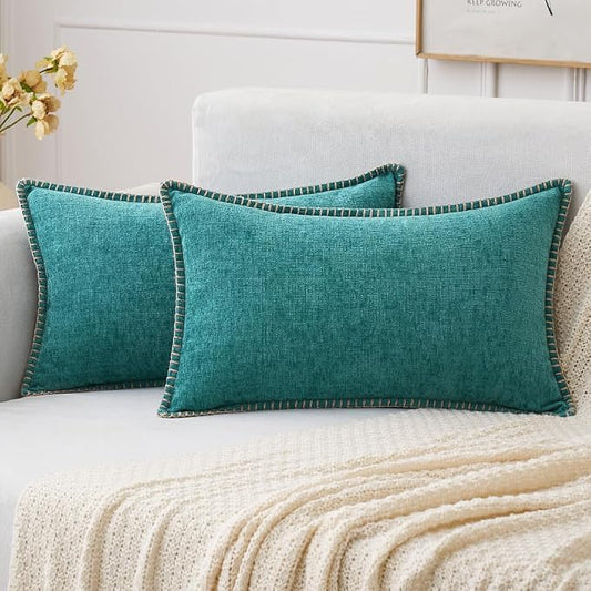 MIULEE Pack of 2 Lumbar Throw Pillow Covers 12x20 Inch Teal Farmhouse Decorative Pillow Covers with Stitched Edge Soft Chenille Solid Dyed Summer Pillow Covers for Couch Sofa Bed Living Room