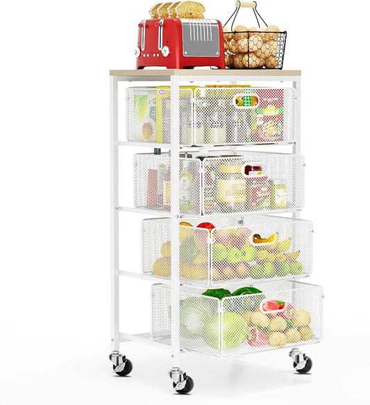 Goovilla Kitchen Cart with Drawers, 4 Tier Metal Rolling Utility Cart Organizer on Lockable Wheels with Wooden Top, White Fruit Vegetable Storage Rack Also for Cans, Snack, Craft, Art, Office, Beauty