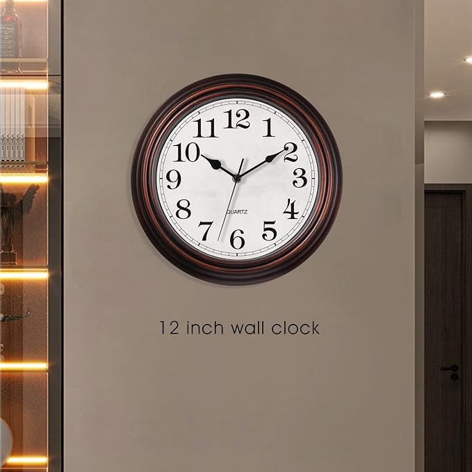 Wall Clock, 12 Inch Vintage Retro Silent Quality Wall Clocks Battery Operated Non-Ticking, Round Decorative Kitchen Home Office Bedroom Living Room(Bronze)