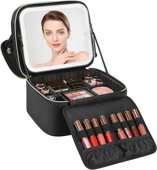 Relavel Makeup Bag with LED Mirror, Small Travel Makeup Case with Rechargeable Lighted Mirror 3 Color Lights, Double Layer Cosmetic Box Makeup Brush Lipstick Holder Organizer for Women, Black