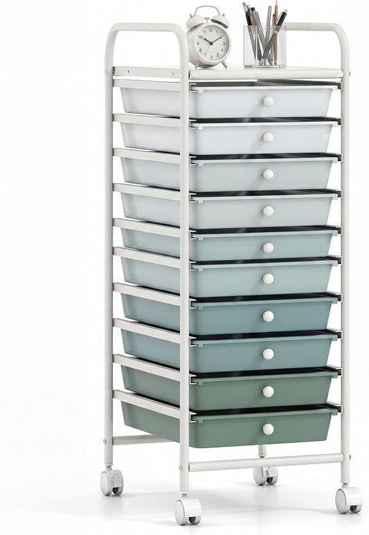 COSTWAY 10-Drawer Rolling Storage Cart, Utility Mobile Trolley with Removable Drawers & Universal Casters & 2 Brakes (Green Gradient,13"L x 15"W x 34"H (10 Drawer))