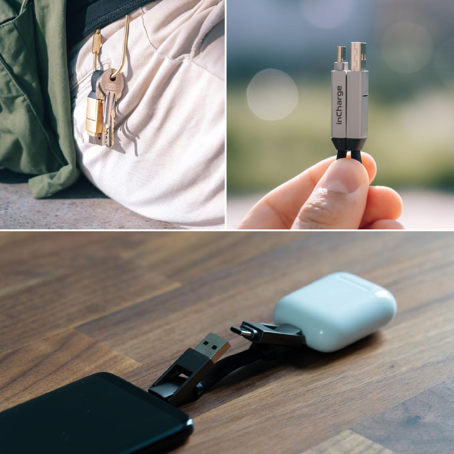 Rolling Square inCharge 6 - Keychain USB C Charger Cable, Lightning Cable and Micro-USB for Smartphone, Universal Cable Charger 6 in 1, USB Plug, 15W, White