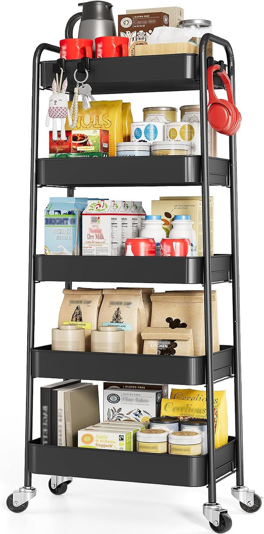 TOOLF 5-Tier Metal Rolling Cart with Wheels, Storage Utility Organizer Cart for Kitchen, Bathroom, Office, Baby Essentials & Makeup - Lockable Casters, Easy Assembly, Large Capacity, Black