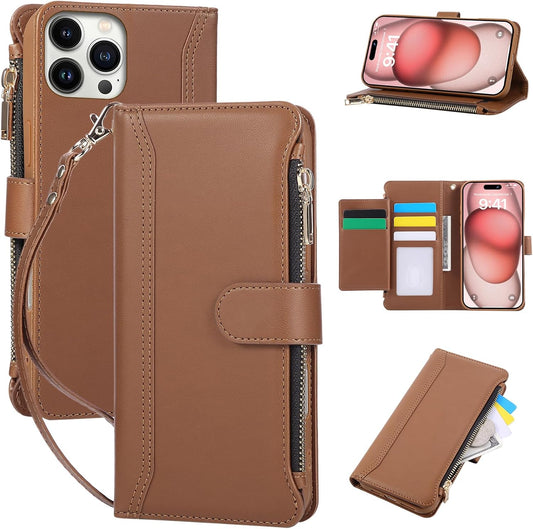 Compatible with iPhone 16 Pro Wallet Phone Case-PU Leather Magnetic Flip Cover with Credit Card Slots,Zipper Pocket & Detachable Wrist Strap,Shockproof Design,for Women and Men-Brown