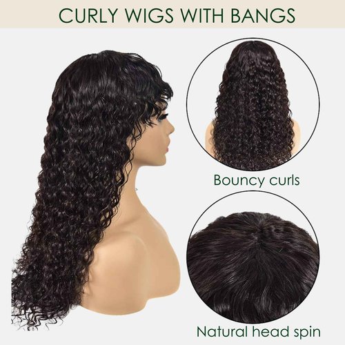 OCTSUN Wear and Go Human Hair Wigs with Bangs Bouncy Curly Human Hair Wigs for Black Women Glueless Full Machine Made Wigs Human Hair Deep Wave None Lace Front Wigs with Bangs 22 Inch 180% Density