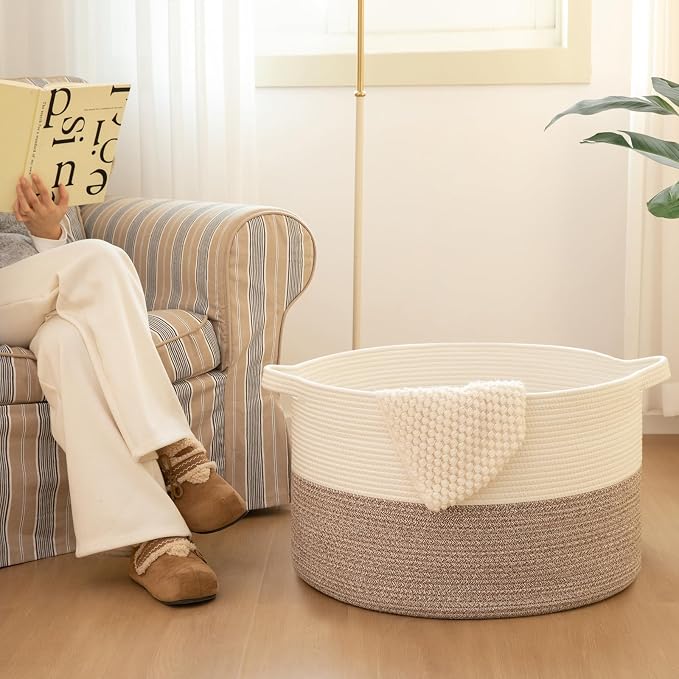 OIAHOMY 90L XXXLarge Blanket Basket for Living Room, 21.7" x 13.8" Woven Cotton Rope Laundry Basket for Organizing Pillows, Decorative Stuffed Animal Toy Storage for Nursery, Black and Grey