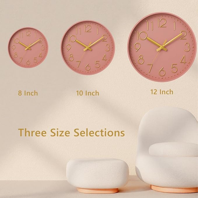 DAXSMY Wall Clock - 12 Inch Silent Non-Ticking Modern 3D Wall Clocks Battery Operated - Decorative Clock for Kitchen, Home Office, Bathroom, Bedroom, Living Room(Pink)