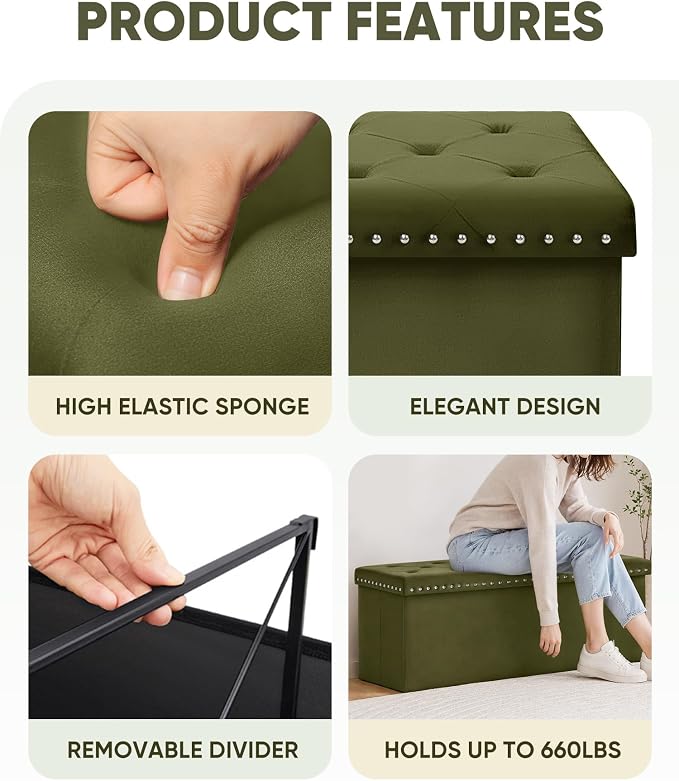 B FSOBEIIALEO Storage Ottoman Bench, Folding Tufted Ottomans with Storage, Extra Large 140L Storage Boxes Footrest Bench for Bedroom, Luxury Velvet Fabric 43 Inches Olive