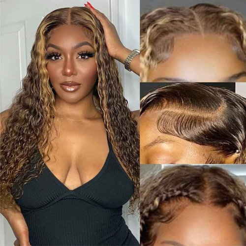 ALSZIQIHR 18 inch Water Wave P4/27 Highlight 13x4 HD Transparent Lace Front Wigs Ombre Human Hair Wet and Wavy Curly Glueless Lace Frontal Wigs Pre Plucked with Baby Hair 180% Density
