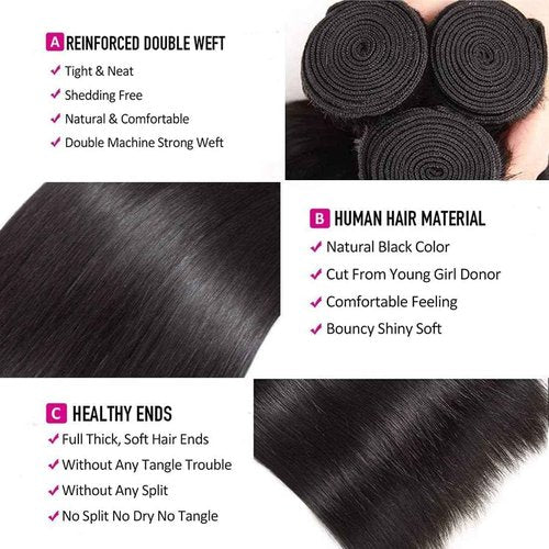 Condescension Brazilian Human Hair Bundles 24 26 28 Inch Straight 3 Bundles Human Hair 100% Unprocessed Remy Brazilian Virgin Weave Hair Natural Black for Women