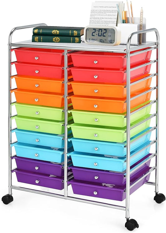 COSTWAY 20-Drawer Rolling Storage Cart, Utility Storage Organizer Cart for Tools, Scrapbook, Paper, Craft, Multipurpose Storage Trolley on Wheels for Home Office School (Multicolor)