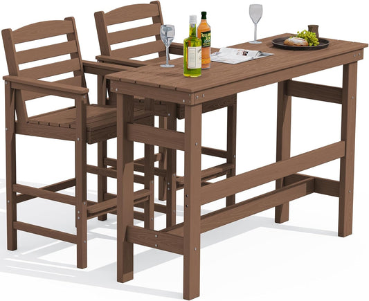 SERWALL Outdoor Bar Table and Chairs Set of 2, HDPE Outdoor Furniture for Outside, Poolside, Backyard, Garden, Brown
