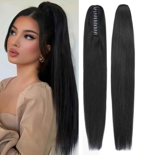 S-noilite Claw Clip Ponytail Extension Human Hair #1 Jet Black Real Remy Human Hair Ponytail Extension 16inch Long Straight Hair Pony Tails Hair Extensions For Women 105Grams