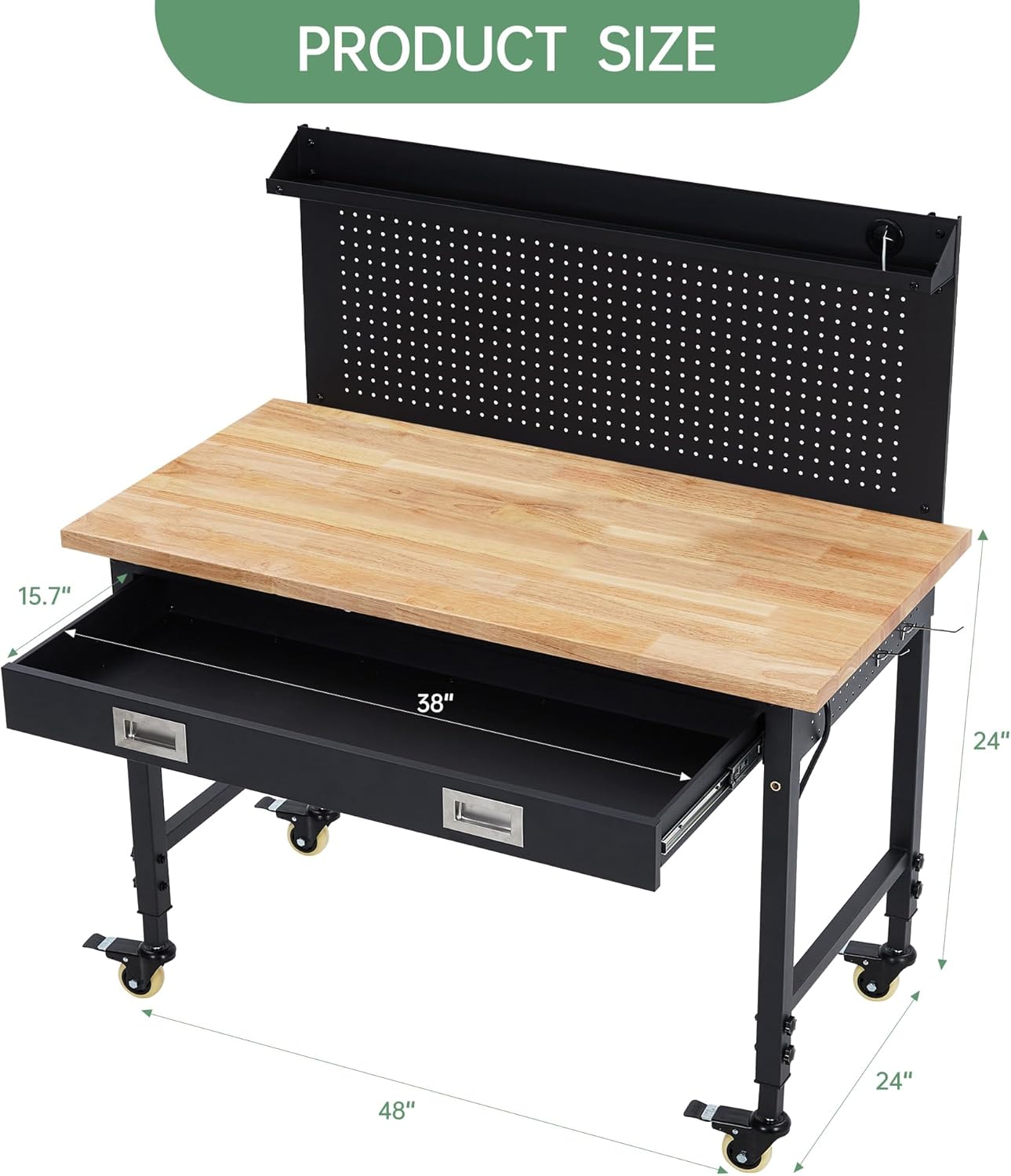 48'' Adjustable Workbench, Heavy Duty Workbench with Drawer and Backplate, 2000 LBS Capacity Work Table with Power Outlet and Lockable Wheels, Suitable for Office, Garage, Workshop