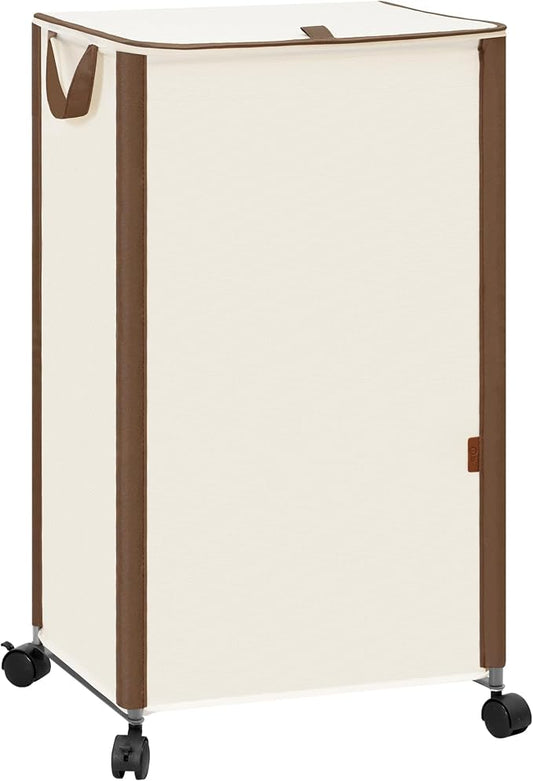 STORAGE MANIAC Rolling Laundry Hamper with Lid, 23.7 Gal (90 L) Large Tall Laundry Basket with Wheels & Handles, Aesthetic Dirty Clothes Hamper for Small Space, Dorm, Apartment, College, Beige